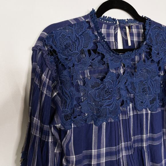 Free People S Navy Blue Darling Diana Lace Top Plaid Long Sleeve Blouse Keyhole - Picture 4 of 12
